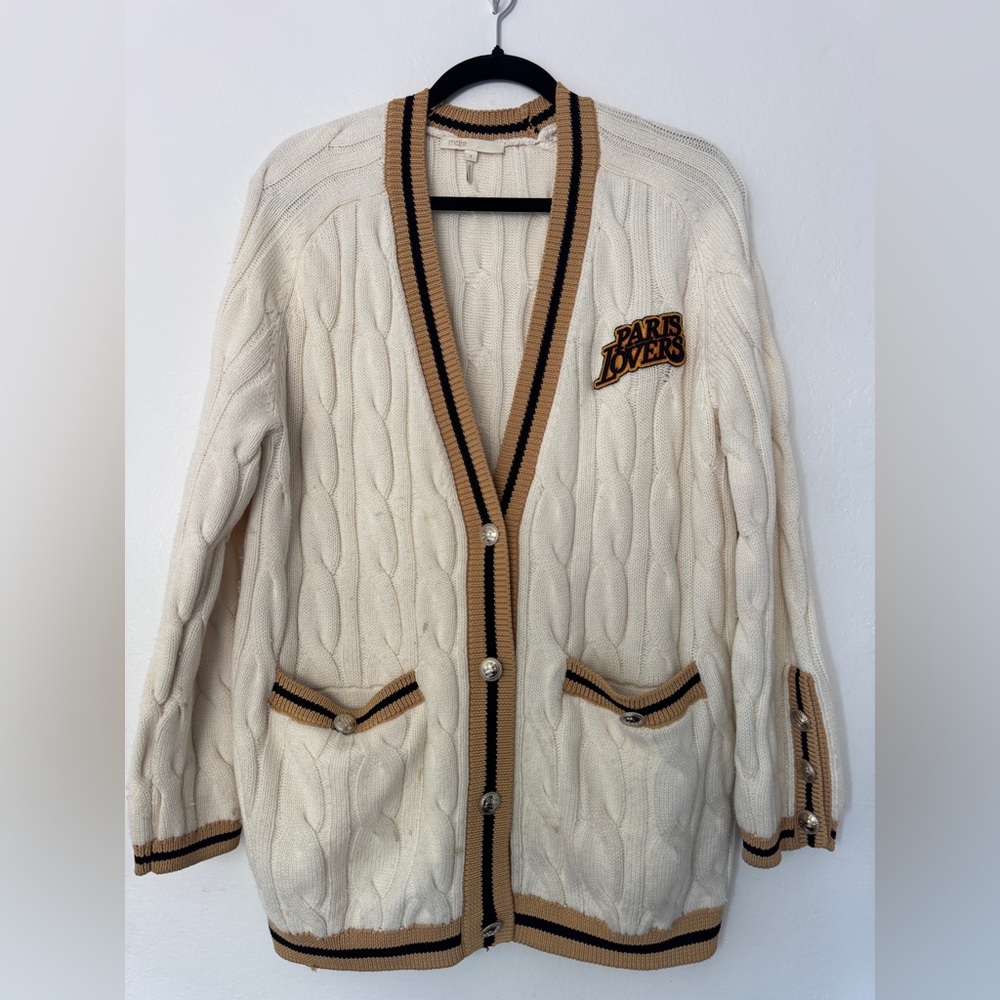 Maje Cream Cable Knit Cardigan with Tan & Black Trim